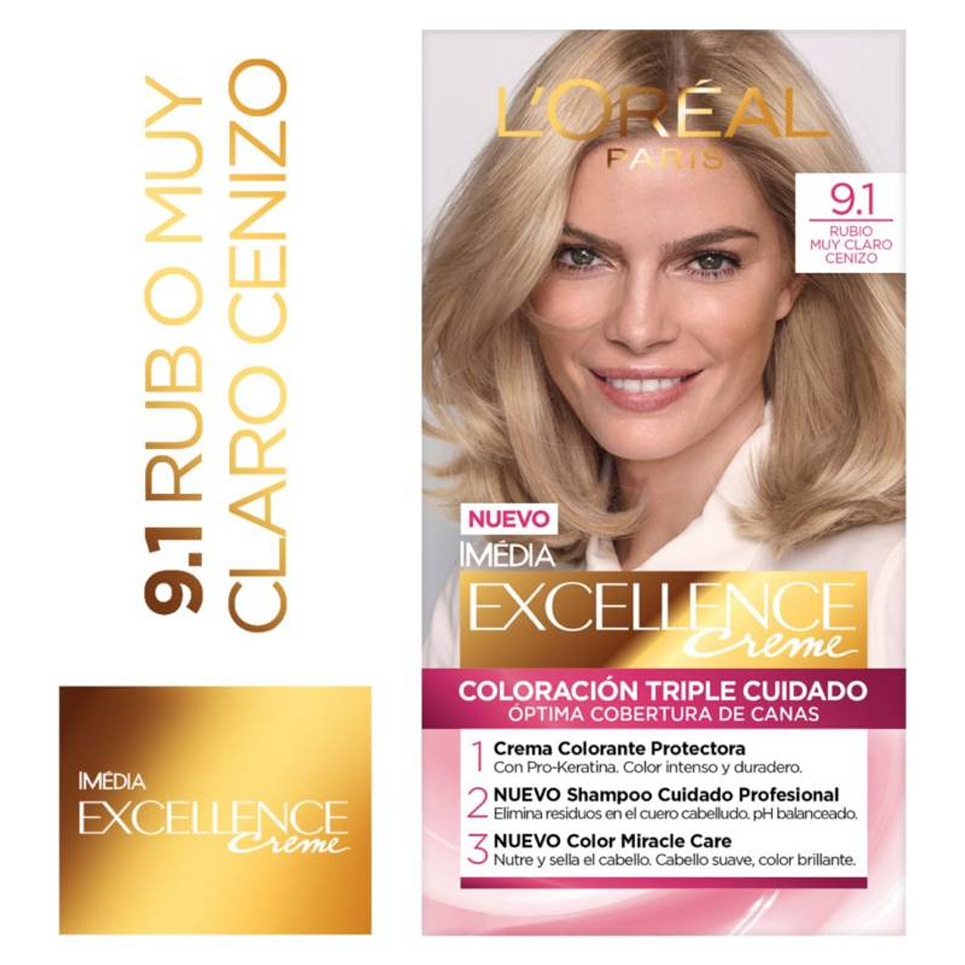 Tintura de Cabello Excellence Creme - LOREAL RUBIO MUY CLARO CENIZO 9.1 (45 G) 1