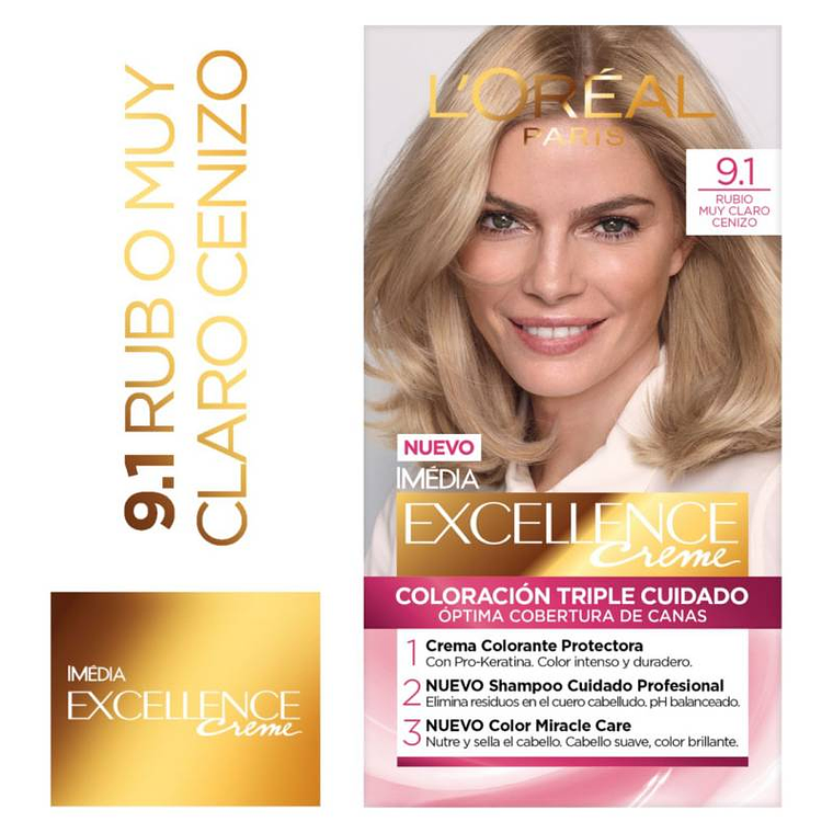 Tintura de Cabello Excellence Creme - LOREAL RUBIO MUY CLARO CENIZO 9.1 (45 G) 1