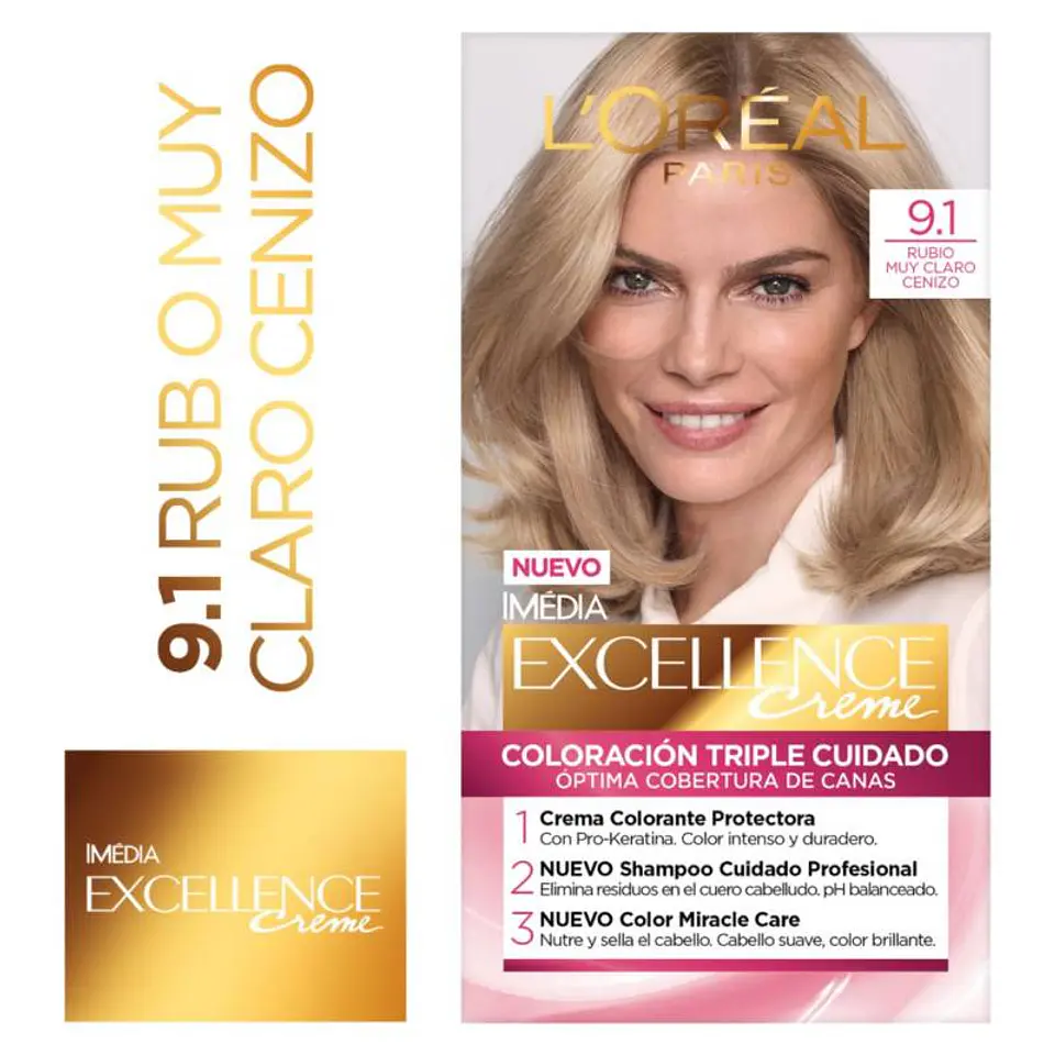 Tintura de Cabello Excellence Creme Rubio Muy Claro Cenizo 9.1 (45 g) - LOREAL 1
