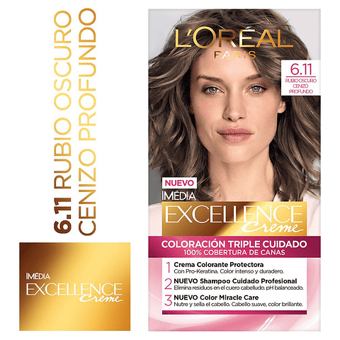 Tintura de Cabello Excellence Creme - LOREAL RUBIO OSCURO CENIZO PROFUNDO 6.11 (45 G)