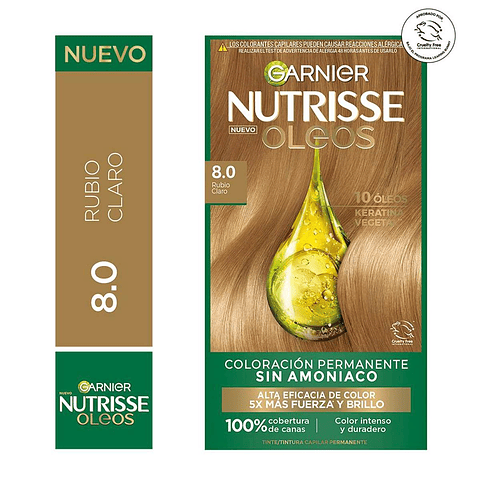 Tintura de Cabello Nutrisse Oleos sin amoníaco rubio claro 8.0 - GARNIER