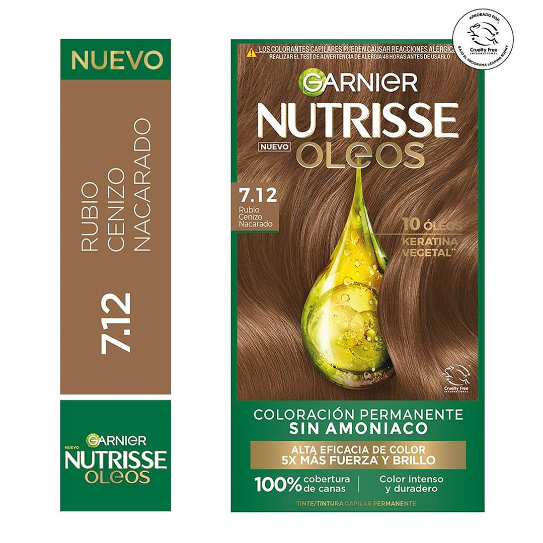 Tintura de Cabello Nutrisse Oleos Sin Amoníaco RUBIO CENIZO NACARADO 7.12 - GARNIER 1