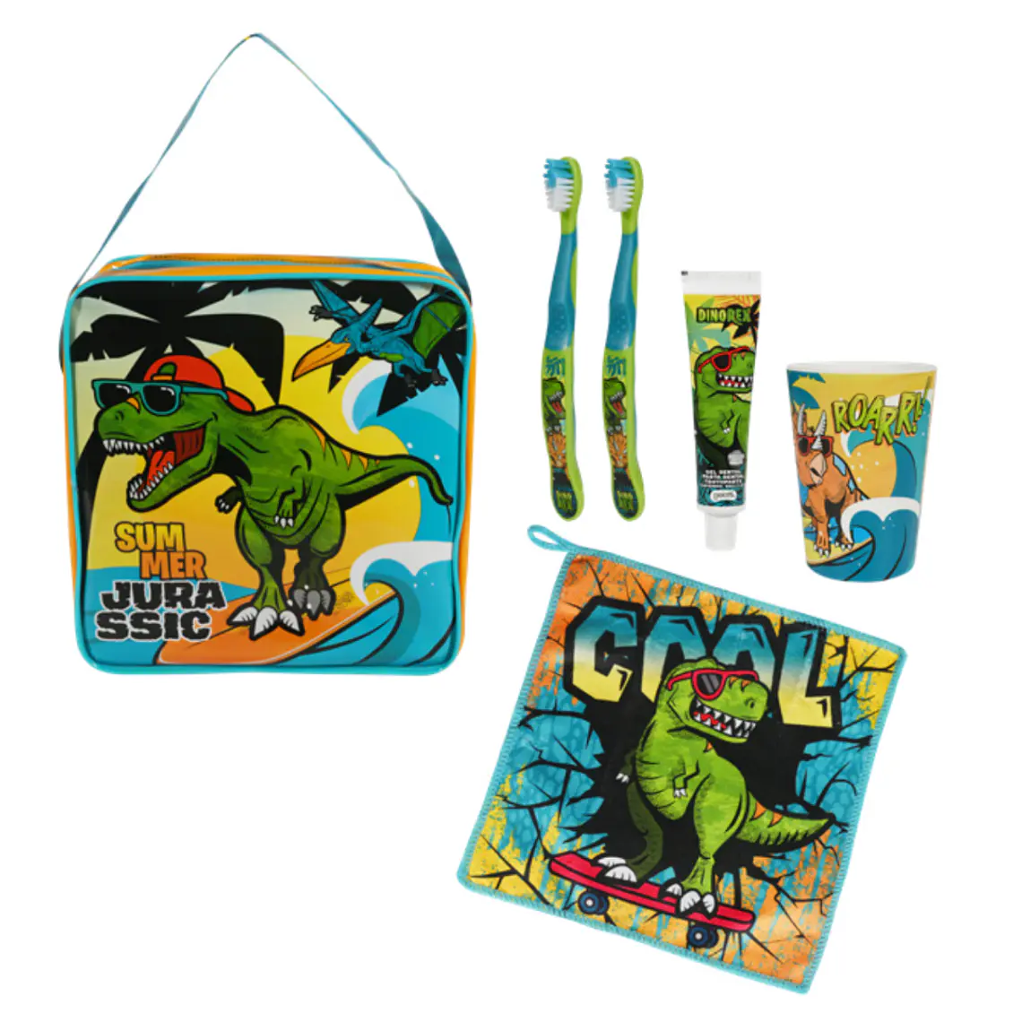 Bolso Dino Rex + Pasta de Dientes 50g + 2 Cepillos + Vaso + Toalla - GELATTI 1