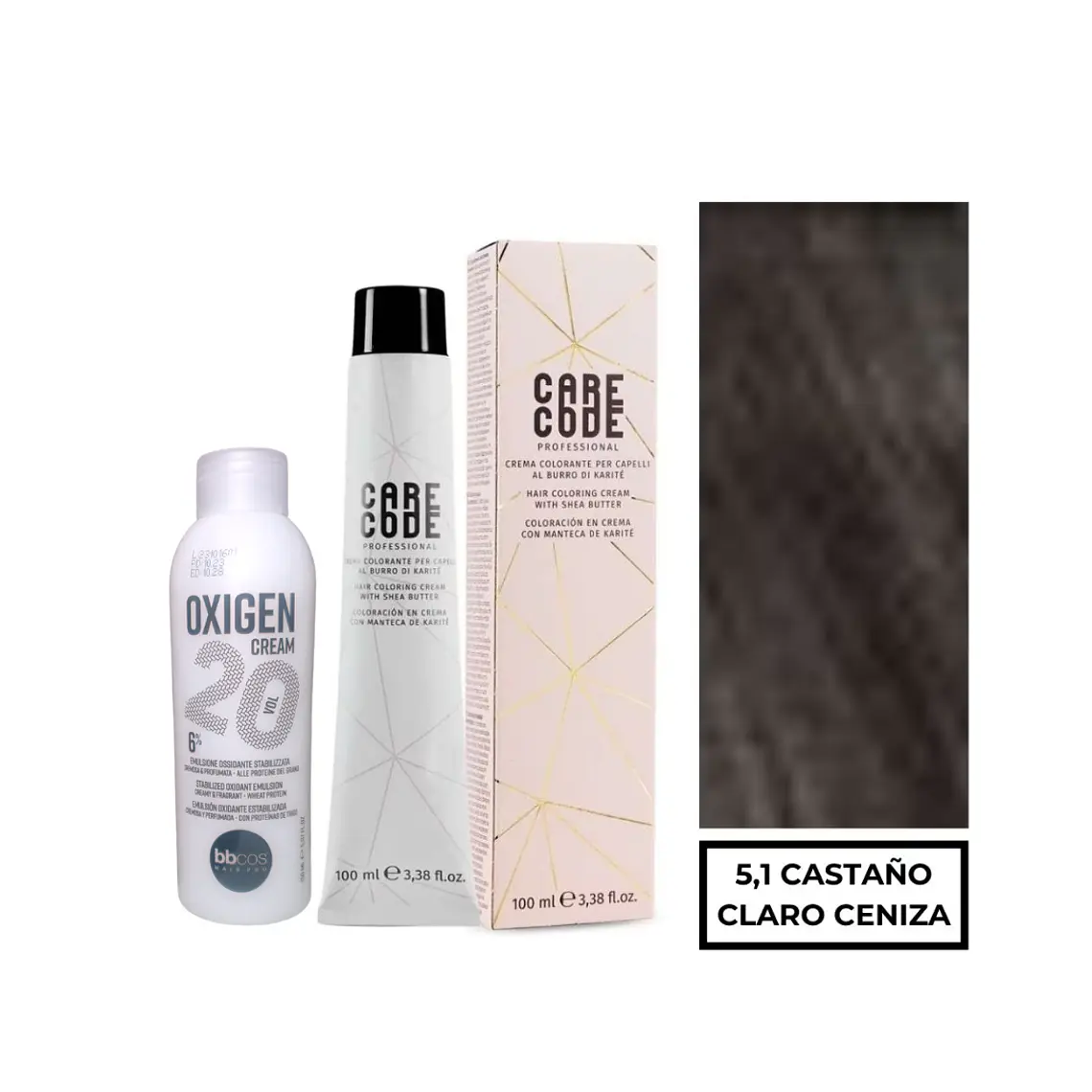 Hair Coloring Cream 100 ML 5,1, Con Oxigen 150 ML 20 Vol Lab37- CARECODE 1