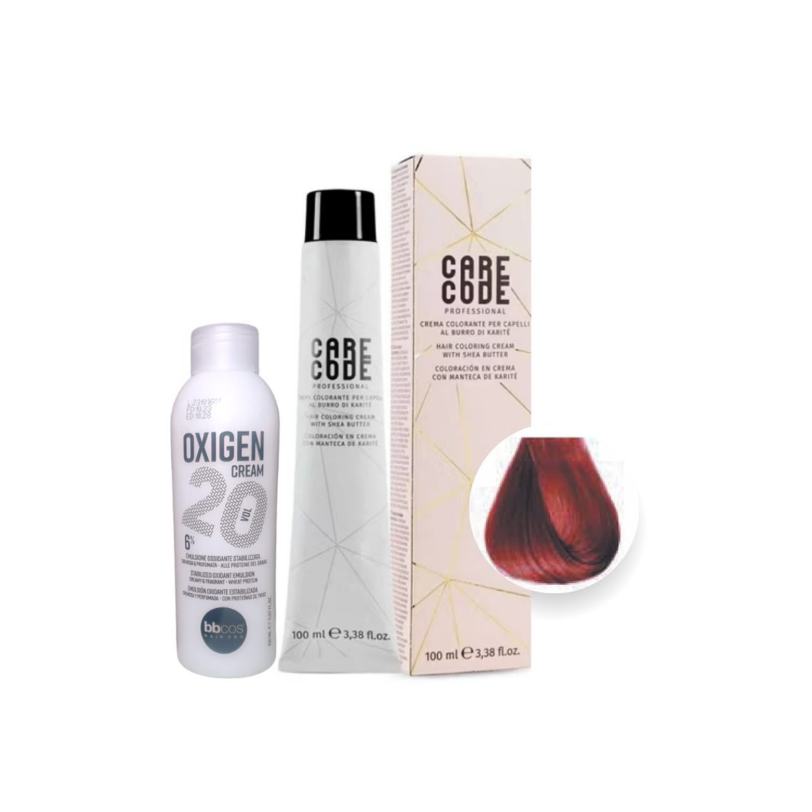 Hair Coloring Cream 100 ML ROSSO, Con Oxigen 150 ML 20 Vol Lab37- CARECODE 1
