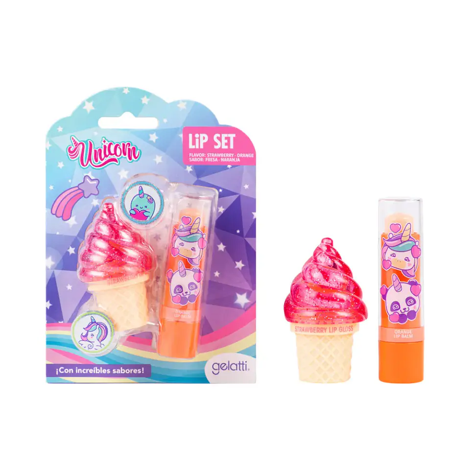 Lip Set - Bálsamo Labial y Bálsamo Gloss MIX Unicornio: Fresa y Naranja - GELATTI 1