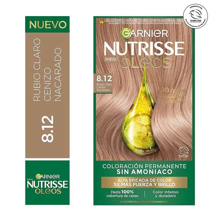 Tintura de Cabello Nutrisse Oleos Rubio Claro Cenizo Nacarado 8.12 Sin Amoníaco - GARNIER 1