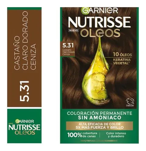 Tintura de Cabello Nutrisse Oleos Castaño Claro Dorado Ceniza 5.31 Sin Amoníaco - GARNIER