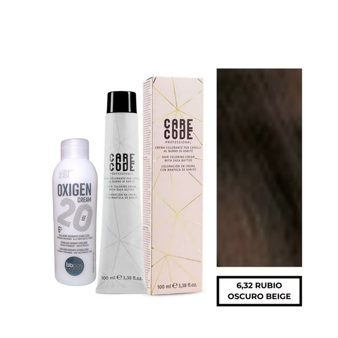 Hair Coloring Cream 100 ML 6,32, Con Oxigen 150 ML 20 Vol Lab37- CARECODE 1