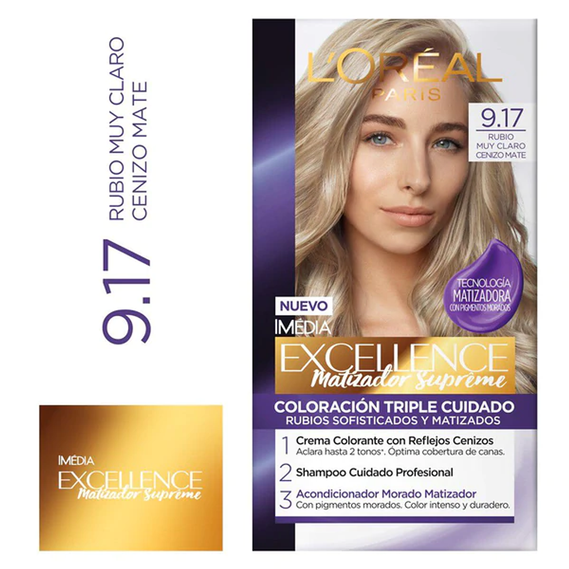 Tintura de Cabello Excellence Matizador Supreme 9.17 Rubio Muy Claro Cenizo Mate - LOREAL 1