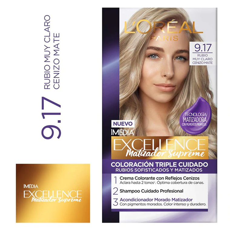 Tintura de Cabello Excellence Matizador Supreme 9.17 Rubio Muy Claro Cenizo Mate - LOREAL 1