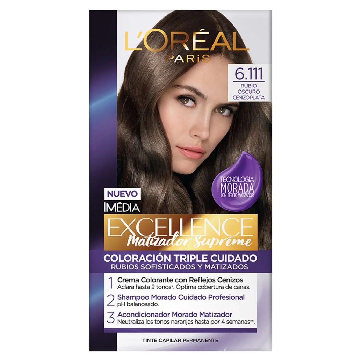 Tintura Excellence Matizador Supreme Rubio Oscuro Cenizo Plata 6.111 (45 G) - LOREAL 1