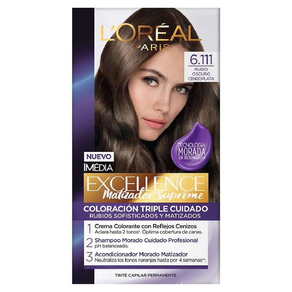 Tintura Excellence Matizador Supreme Rubio Oscuro Cenizo Plata 6.111 (45 G) - LOREAL 1