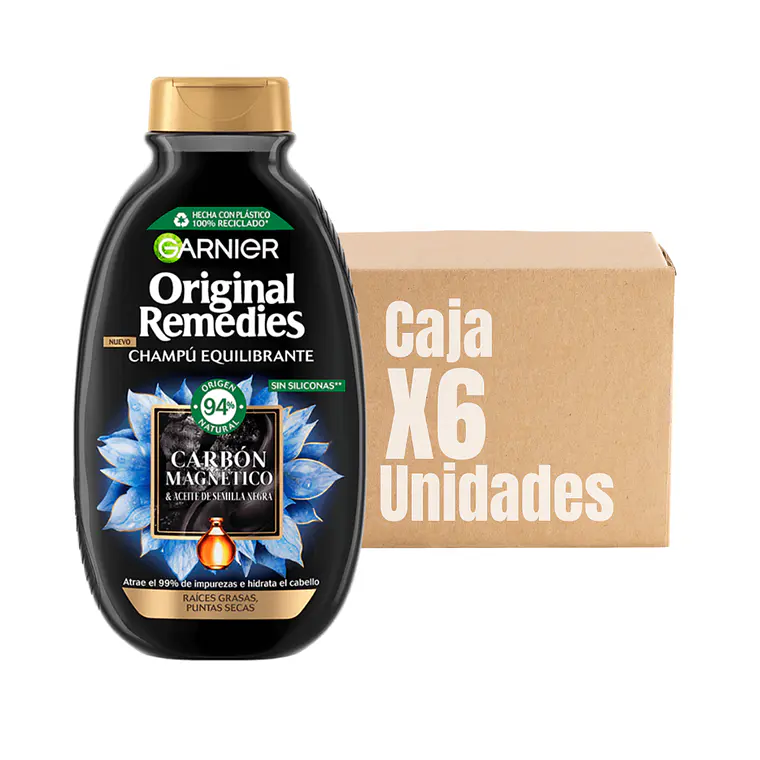 Shampoo Original Remedies Charcoal Carbón Magnético XCAJA ( 6 UNIDADES ) - GARNIER 1