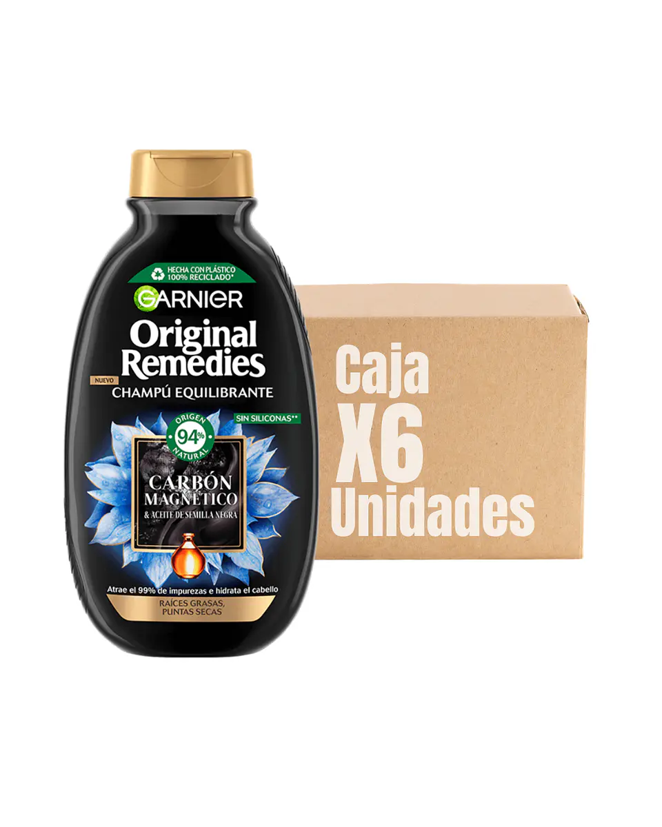 Shampoo Original Remedies Charcoal Carbón Magnético XCAJA ( 6 UNIDADES ) - GARNIER 1