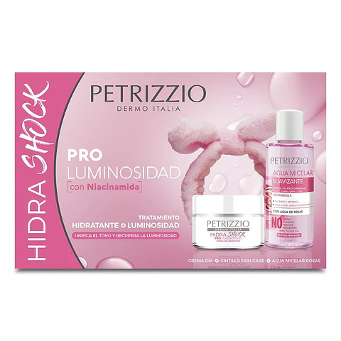 Set Hidratante Hidra Shock Pro Luminosidad Con Agua Micelar Y Cintillo - PETRIZZIO