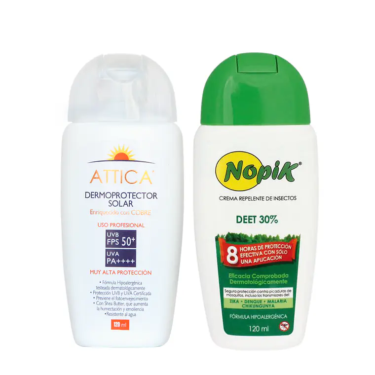 Pack Dermoprotector Solar 50FPS ATTICA y Repelente de Insectos NOPIK 1