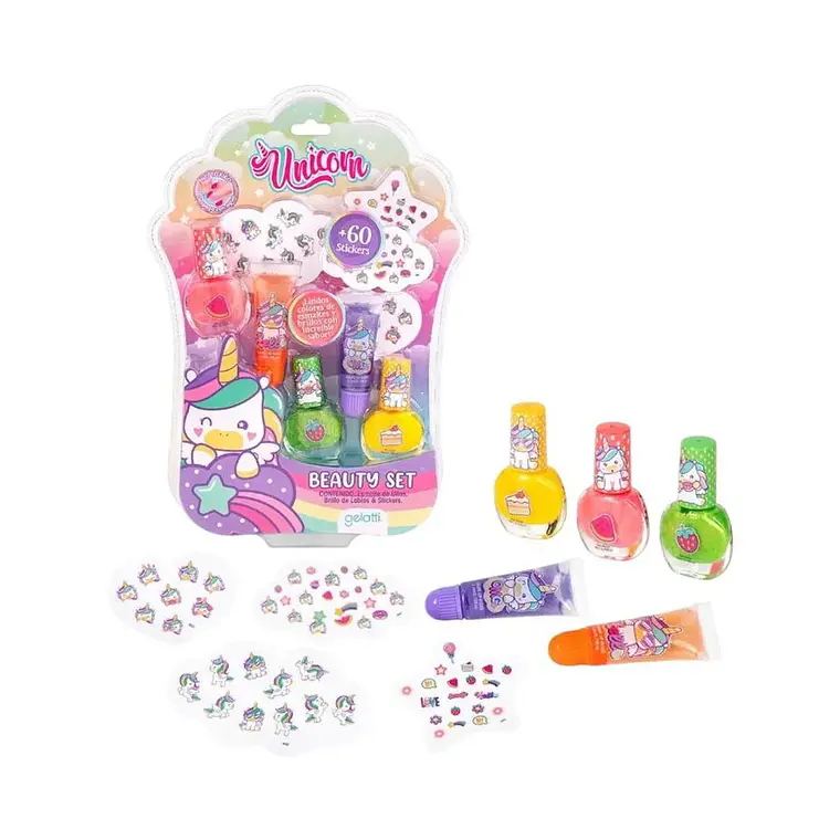 Set Unicornio 3 Esmaltes + 2 Gloss + Stickers Mix Blister - GELATTI 1