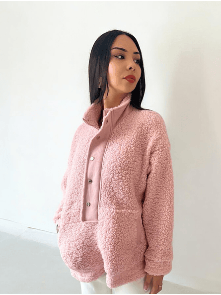 Polerón de Corderito Diany Rosa – Abrigo Holgado con Botones y Bolsillos 5