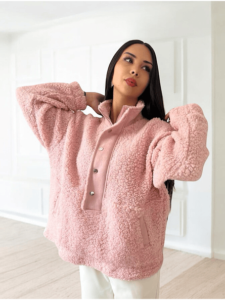 Polerón de Corderito Diany Rosa – Abrigo Holgado con Botones y Bolsillos 2