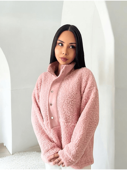 Polerón de Corderito Diany Rosa – Abrigo Holgado con Botones y Bolsillos 3