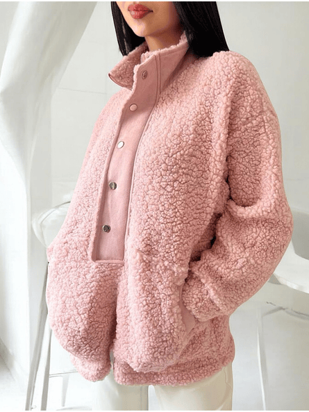 Polerón de Corderito Diany Rosa – Abrigo Holgado con Botones y Bolsillos 6