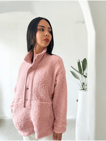 Polerón de Corderito Diany Rosa – Abrigo Holgado con Botones y Bolsillos 7