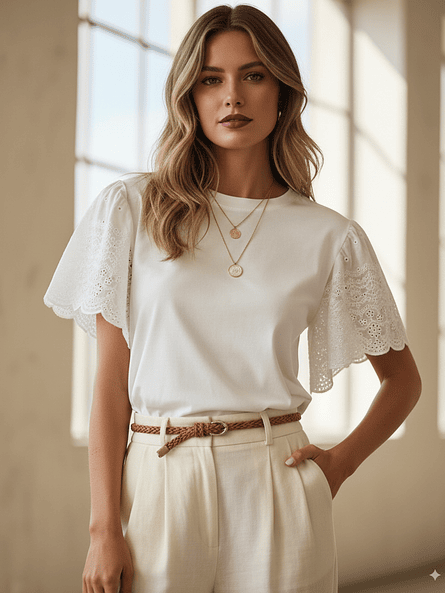 Polera blanca Broderie Mujer – Algodón Básico con Mangas Mariposa 1