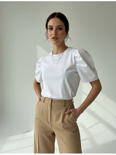 Polera Blanca Mujer Manga Globo Básica