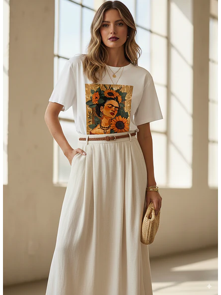 Polera Blanca Mujer de Algodón con Estampado 1