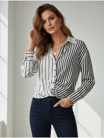 Blusa de Rayas Mujer Negra y Blanca Elegante