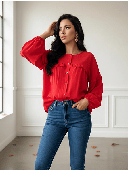 Blusa Roja con Vuelos Mujer - Camisa Holgada Elegante | Carobaska 1