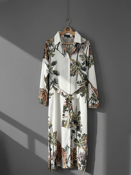 Vestido Camisero Blanco Mujer Manga Larga Estilo Safari 1