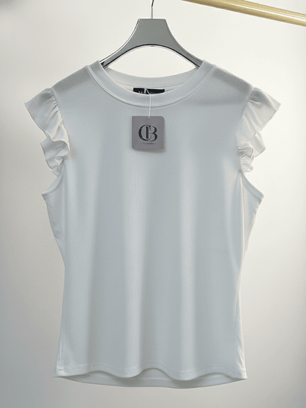 Polera Básica Blanca Mujer Rib Elasticada con Vuelos 5