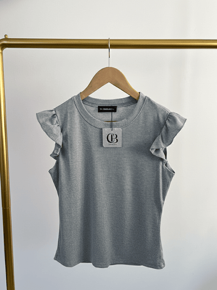Polera Básica Mujer Gris Rib Elasticada con Vuelos 4