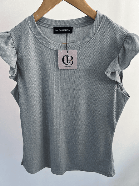 Polera Básica Mujer Gris Rib Elasticada con Vuelos 3