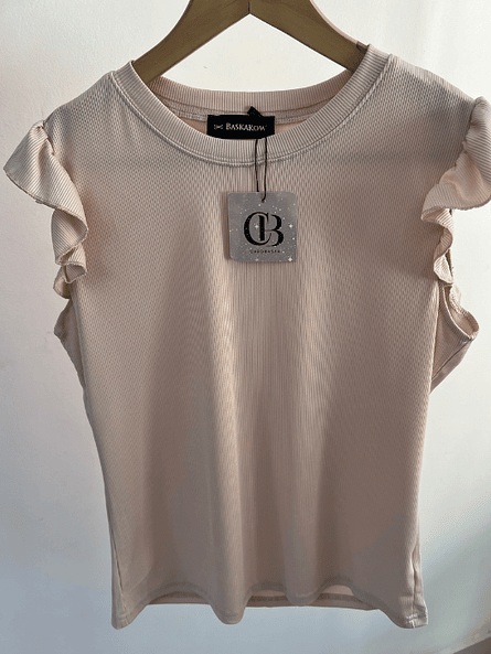 Polera Básica Beige Mujer Rib Elasticada con Vuelos 4