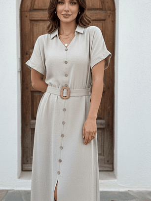 Vestido Camisero Midi Mujer Renata – Beige Arena ✨👗