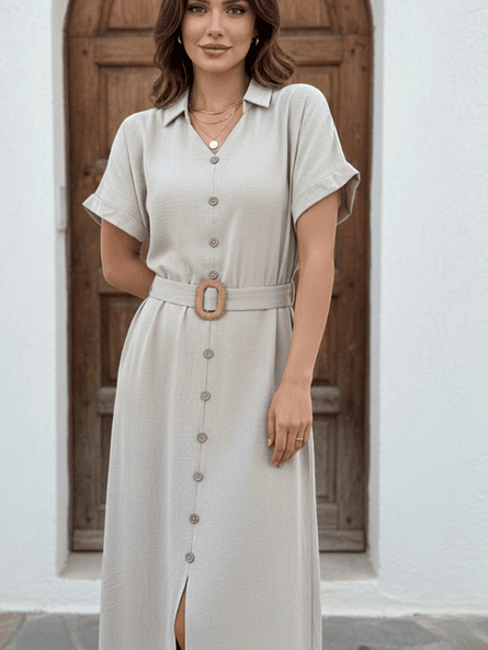 Vestido Camisero Midi Mujer Renata – Beige Arena ✨👗 1