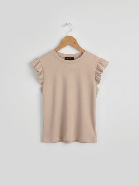 Polera Básica Beige Mujer Rib Elasticada con Vuelos 2