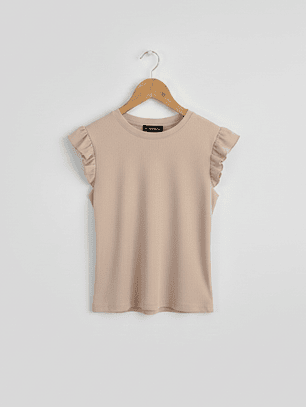 Polera Básica Beige Mujer Rib Elasticada con Vuelos