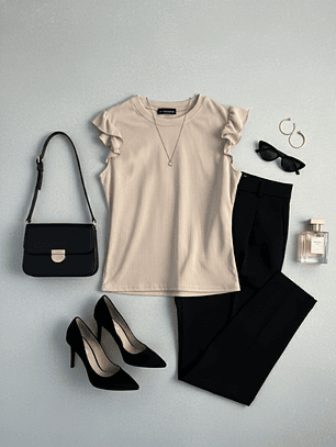 Polera Básica Beige Mujer Rib Elasticada con Vuelos