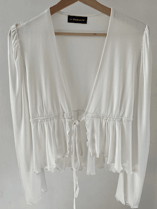 Polera de Lycra Algodón Blanca Lina con Mangas Globo y Amarras Regulables – Carobaska