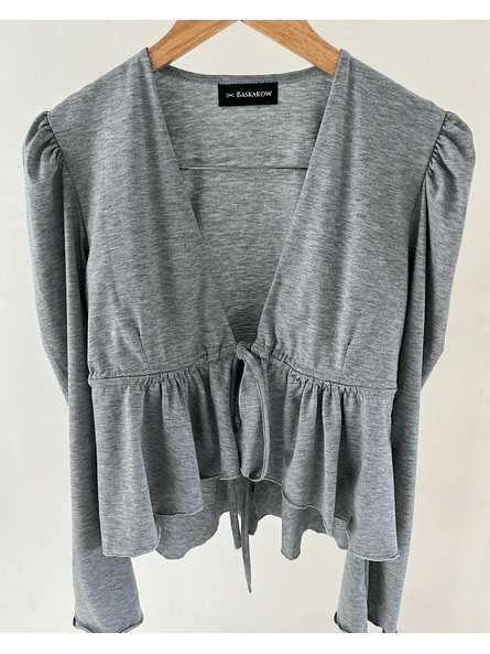 Polera de Lycra Algodón Gris Lina con Mangas Globo y Amarras Ajustables – Carobaska 3