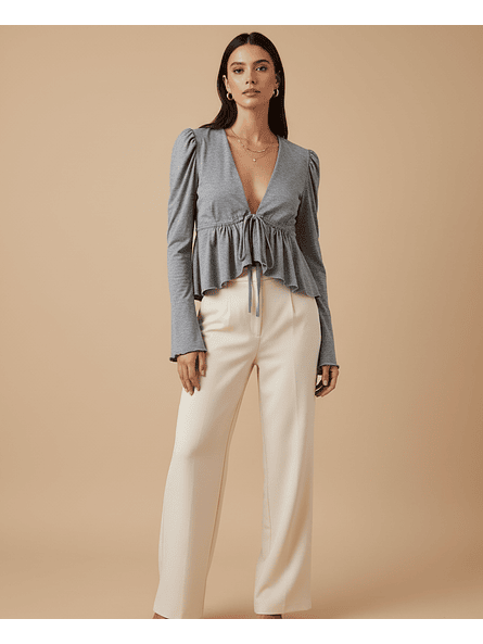 Polera de Lycra Algodón Gris Lina con Mangas Globo y Amarras Ajustables – Carobaska 2