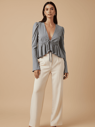 Polera de Lycra Algodón Gris Lina con Mangas Globo y Amarras Ajustables – Carobaska