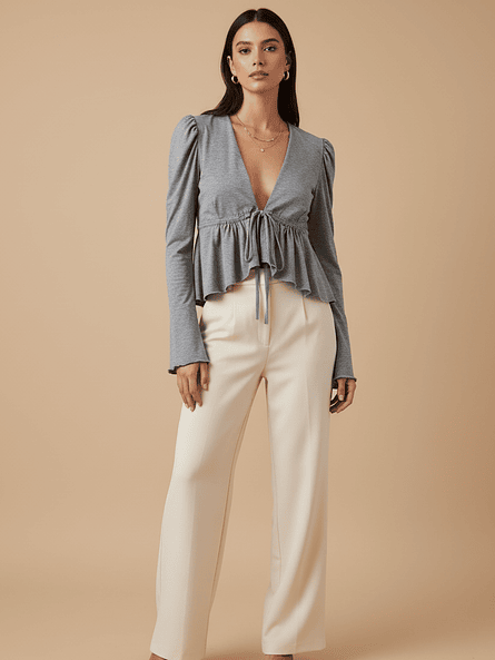 Polera Mujer Gris Lina – Manga Globo y Ajuste en Busto | Carobaska 2