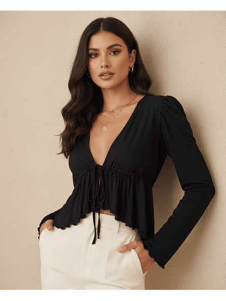 Polera Mujer Negra Lina – Manga Globo y Ajuste en Busto | Carobaska 1