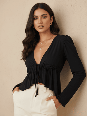 Polera Mujer Negra Lina – Manga Globo y Ajuste en Busto | Carobaska