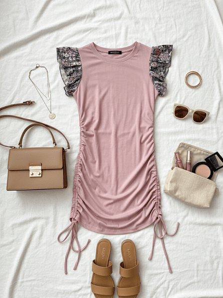 Vestido Drapeado Rosado Mujer - Tela Rib con Mangas Floreadas 2